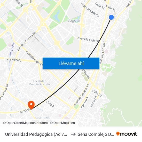 Universidad Pedagógica (Ac 72 - Kr 10) to Sena Complejo Del Sur map