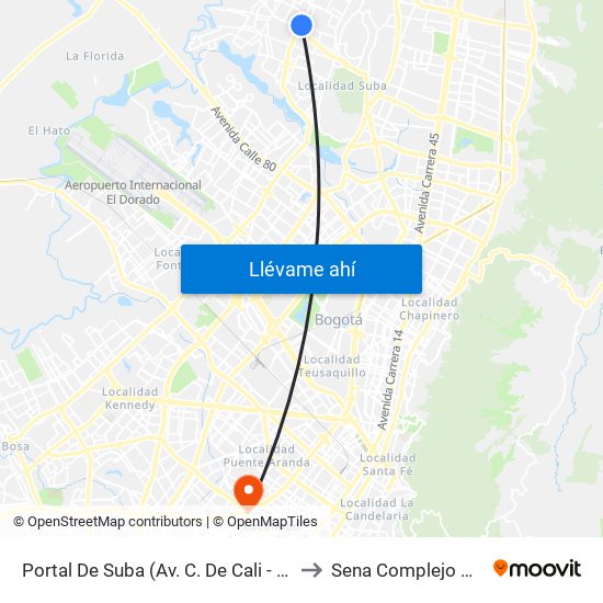 Portal De Suba (Av. C. De Cali - Av. Suba) to Sena Complejo Del Sur map