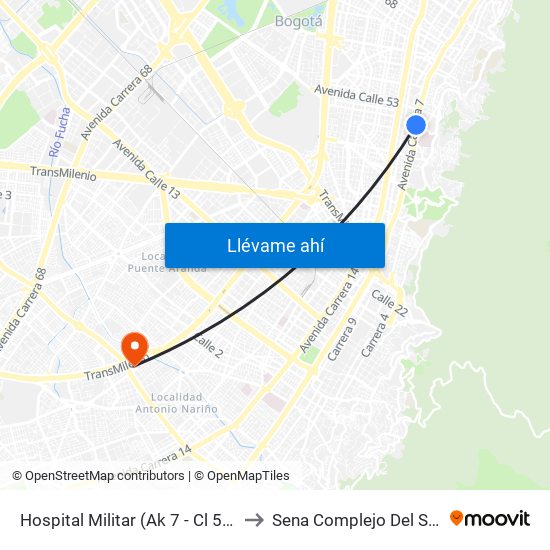 Hospital Militar (Ak 7 - Cl 50) to Sena Complejo Del Sur map