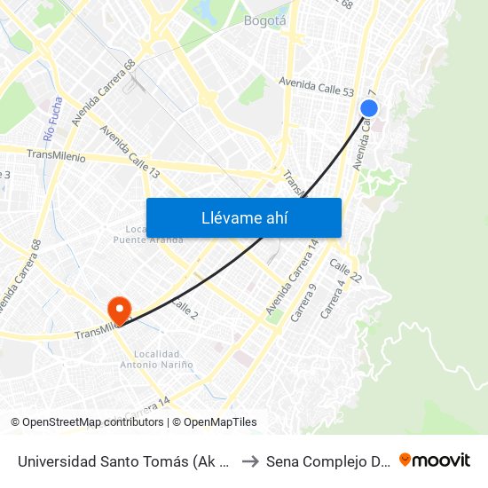 Universidad Santo Tomás (Ak 7 - Cl 51) to Sena Complejo Del Sur map