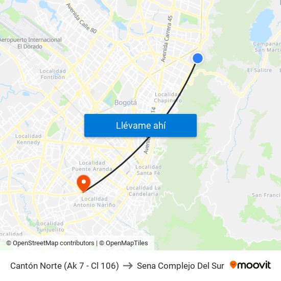 Cantón Norte (Ak 7 - Cl 106) to Sena Complejo Del Sur map