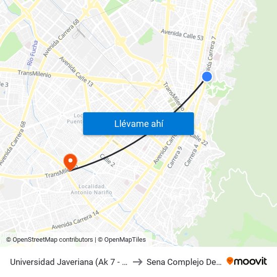 Universidad Javeriana (Ak 7 - Cl 40) to Sena Complejo Del Sur map