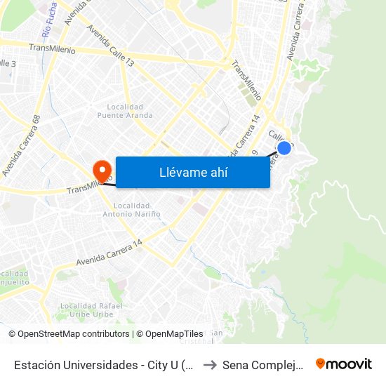 Estación Universidades (Kr 3 - Cl 20) (B) to Sena Complejo Del Sur map