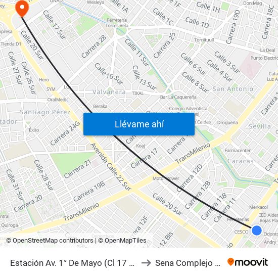 Estación Av. 1° De Mayo (Cl 17 Sur - Kr 9a) to Sena Complejo Del Sur map