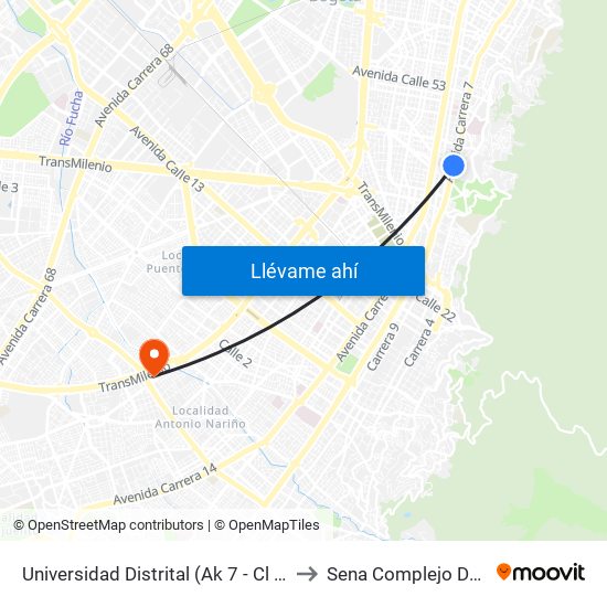 Universidad Distrital (Ak 7 - Cl 40) (B) to Sena Complejo Del Sur map