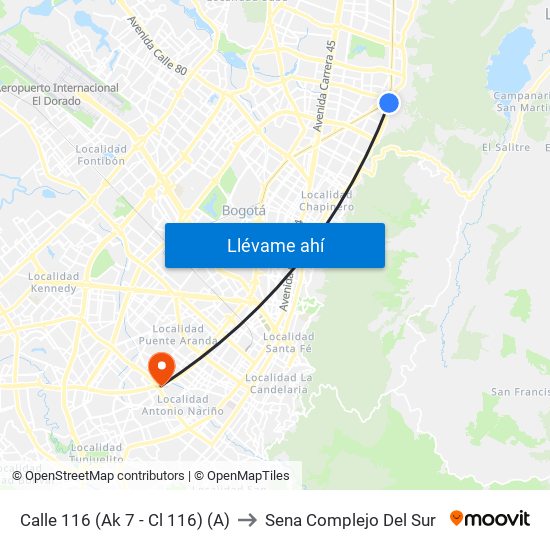 Calle 116 (Ak 7 - Cl 116) (A) to Sena Complejo Del Sur map