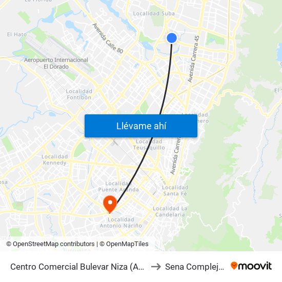Centro Comercial Bulevar Niza (Av. Villas - Ac 127) to Sena Complejo Del Sur map