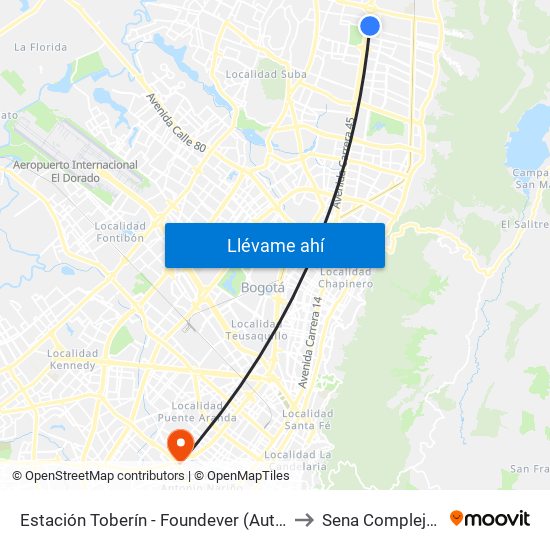Estación Toberín - Foundever (Auto Norte - Cl 164) to Sena Complejo Del Sur map