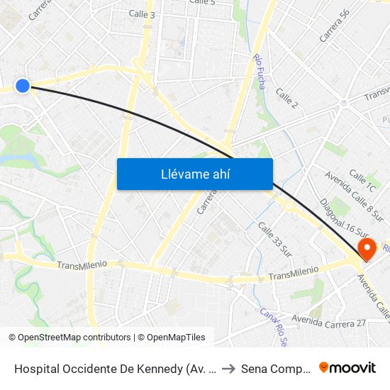 Hospital Occidente De Kennedy (Av. 1 De Mayo - Cl 40b Sur) (B) to Sena Complejo Del Sur map