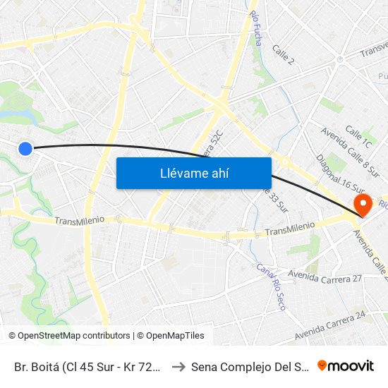 Br. Boitá (Cl 45 Sur - Kr 72m) to Sena Complejo Del Sur map