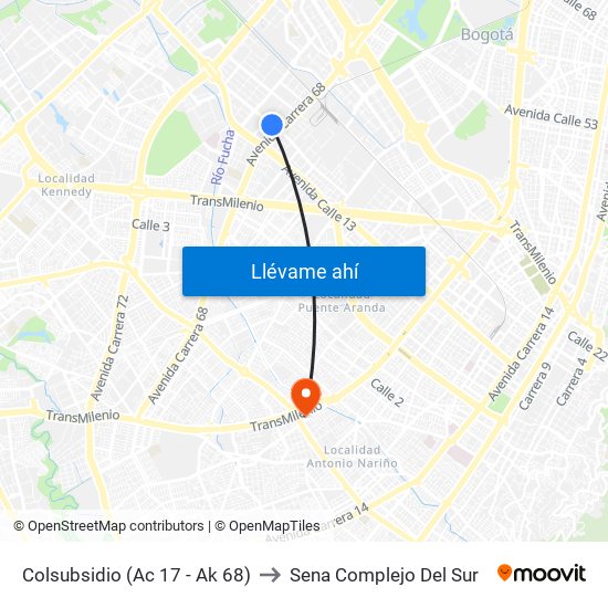 Colsubsidio (Ac 17 - Ak 68) to Sena Complejo Del Sur map
