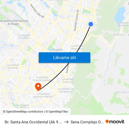 Br. Santa Ana Occidental (Ak 9 - Cl 115) to Sena Complejo Del Sur map