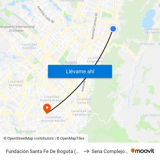 Fundación Santa Fe De Bogotá (Ak 9 - Cl 117a) to Sena Complejo Del Sur map