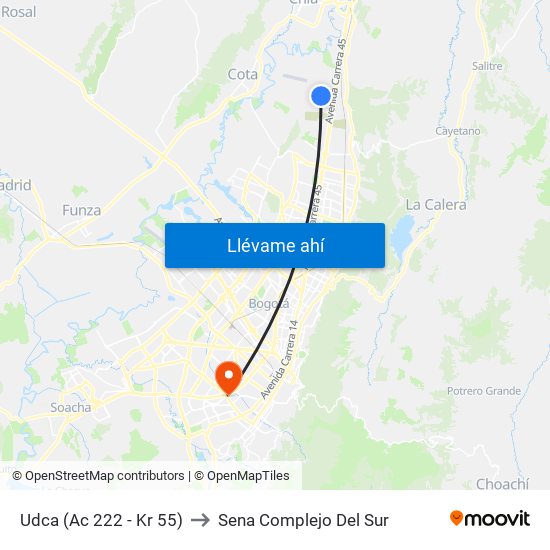 Udca (Ac 222 - Kr 55) to Sena Complejo Del Sur map