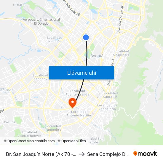 Br. San Joaquín Norte (Ak 70 - Cl 65) to Sena Complejo Del Sur map