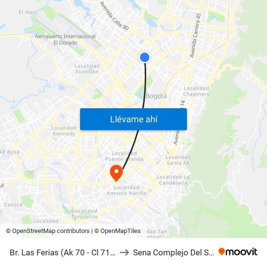Br. Las Ferias (Ak 70 - Cl 71a) to Sena Complejo Del Sur map