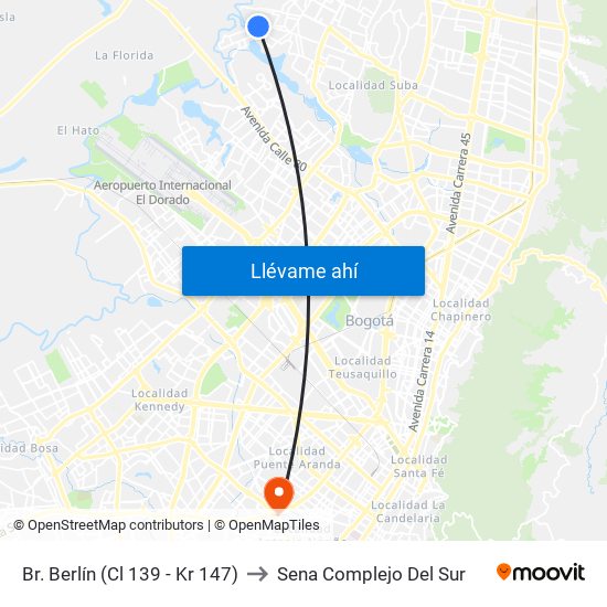 Br. Berlín (Cl 139 - Kr 147) to Sena Complejo Del Sur map