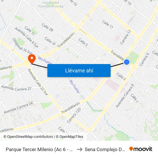 Parque Tercer Milenio (Ac 6 - Kr 12a) to Sena Complejo Del Sur map