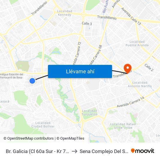 Br. Galicia (Cl 60a Sur - Kr 72) to Sena Complejo Del Sur map