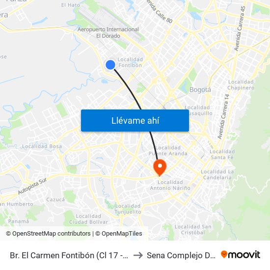 Br. El Carmen Fontibón (Cl 17 - Kr 100) to Sena Complejo Del Sur map