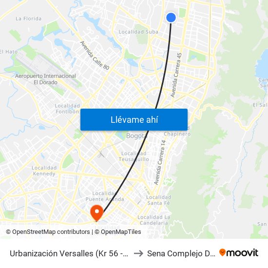 Urbanización Versalles (Kr 56 - Cl 152b) to Sena Complejo Del Sur map