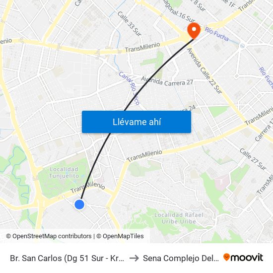 Br. San Carlos (Dg 51 Sur - Kr 18c) to Sena Complejo Del Sur map