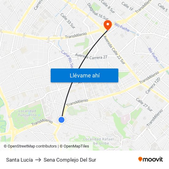 Santa Lucía to Sena Complejo Del Sur map
