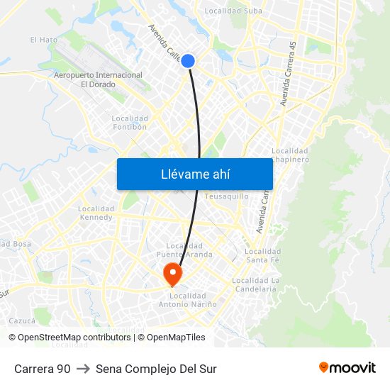 Carrera 90 to Sena Complejo Del Sur map