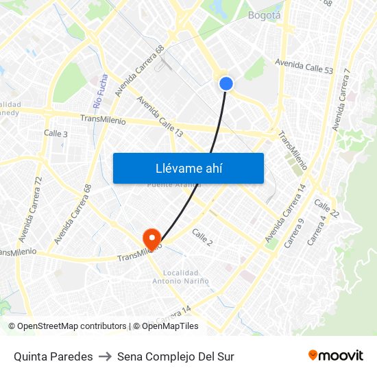 Quinta Paredes to Sena Complejo Del Sur map