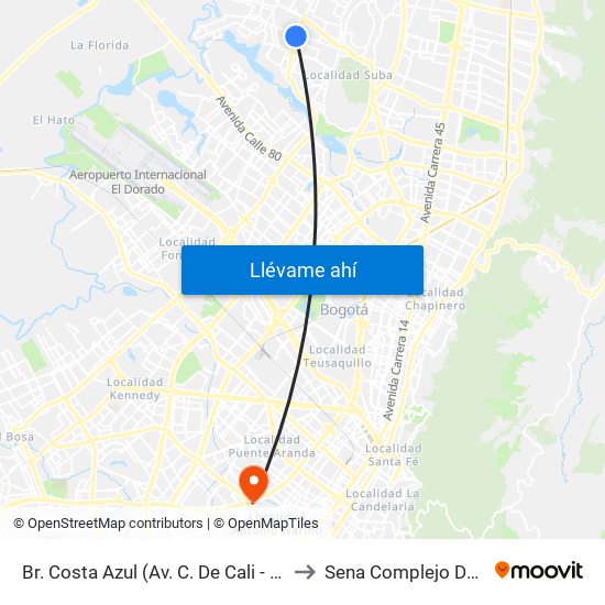 Br. Costa Azul (Av. C. De Cali - Cl 139) to Sena Complejo Del Sur map