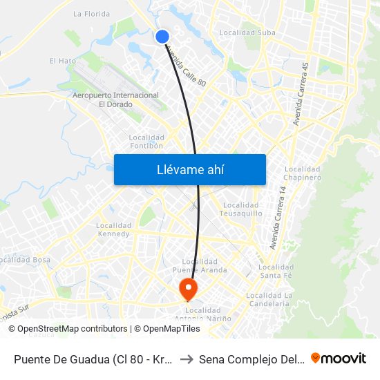 Puente De Guadua (Cl 80 - Kr 119) to Sena Complejo Del Sur map