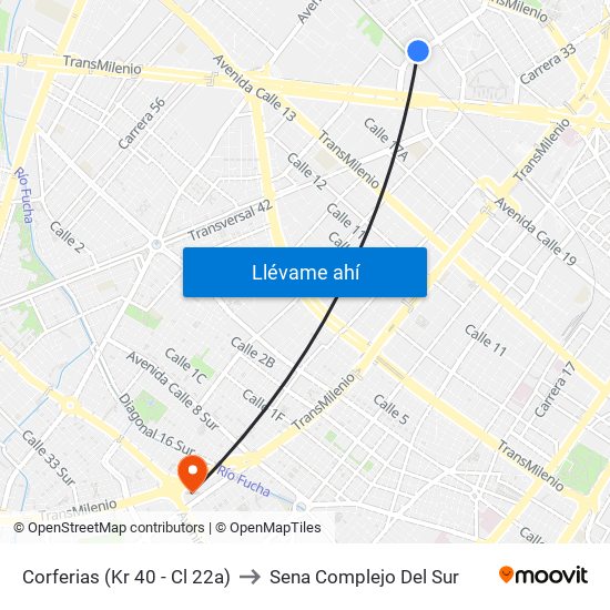 Corferias (Kr 40 - Cl 22a) to Sena Complejo Del Sur map