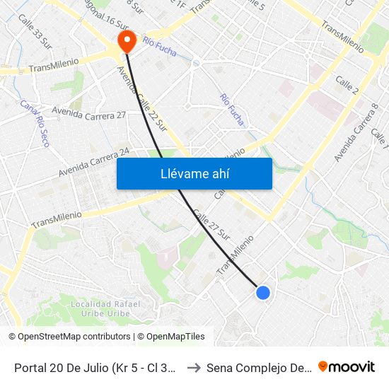 Portal 20 De Julio (Kr 5 - Cl 30a Sur) to Sena Complejo Del Sur map