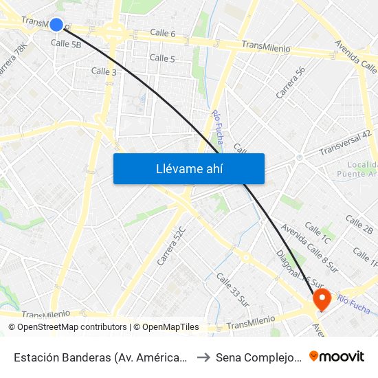 Estación Banderas (Av. Américas - Kr 78a) (B) to Sena Complejo Del Sur map