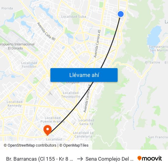 Br. Barrancas (Cl 155 - Kr 8 Bis) to Sena Complejo Del Sur map