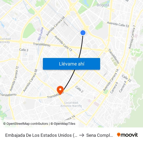 Embajada De Los Estados Unidos (Av. Esperanza - Kr 48) to Sena Complejo Del Sur map