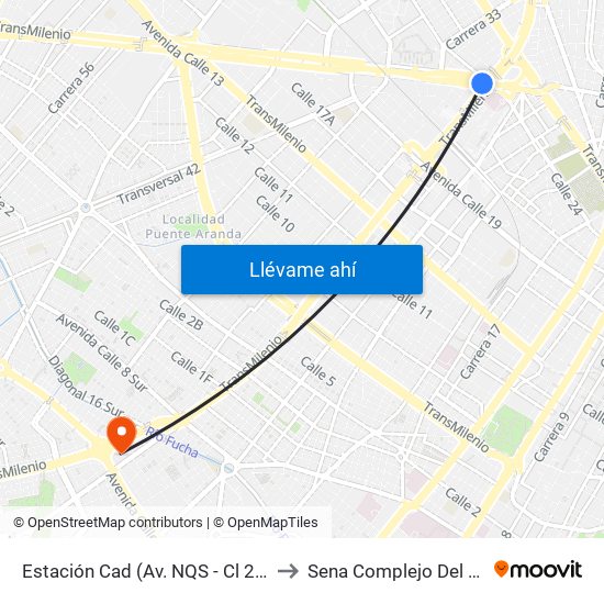 Estación Cad (Av. NQS - Cl 22c) to Sena Complejo Del Sur map