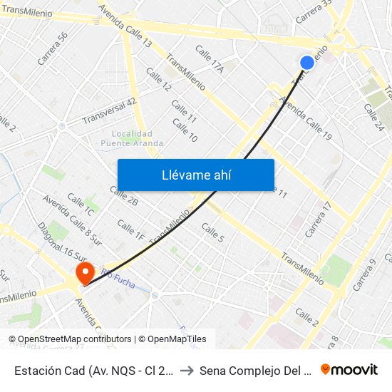 Estación Cad (Av. NQS - Cl 22b) to Sena Complejo Del Sur map