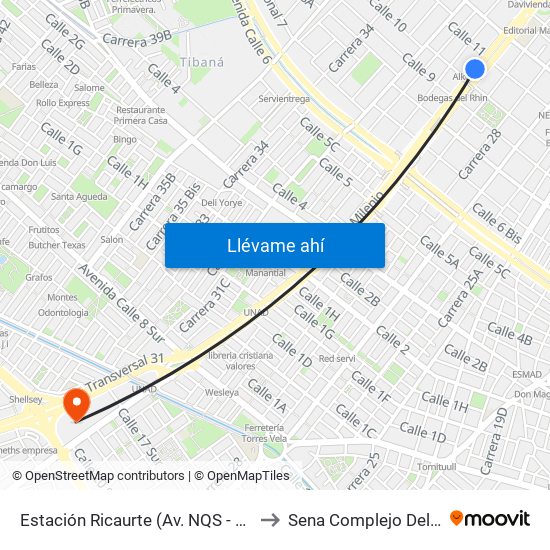Estación Ricaurte (Av. NQS - Cl 10) to Sena Complejo Del Sur map