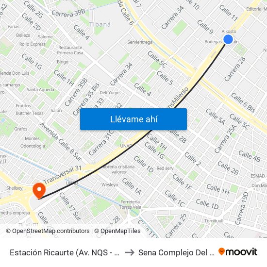 Estación Ricaurte (Av. NQS - Cl 9) to Sena Complejo Del Sur map