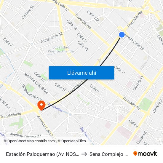 Estación Paloquemao (Av. NQS - Cl 17a) to Sena Complejo Del Sur map