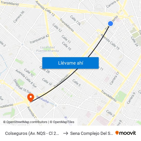 Colseguros (Av. NQS - Cl 22a) to Sena Complejo Del Sur map