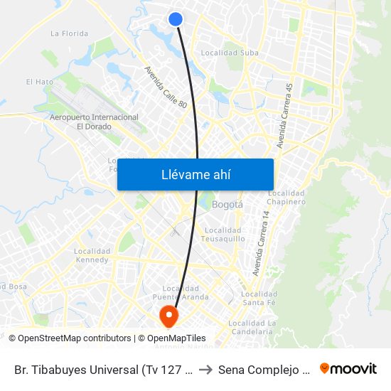 Br. Tibabuyes Universal (Tv 127 - Dg 138c) to Sena Complejo Del Sur map