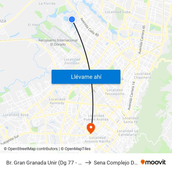Br. Gran Granada Unir (Dg 77 - Tv 120a) to Sena Complejo Del Sur map