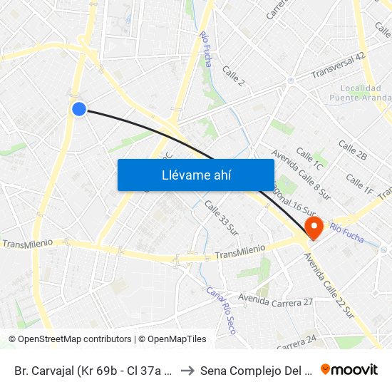 Br. Carvajal (Kr 69b - Cl 37a Sur) to Sena Complejo Del Sur map