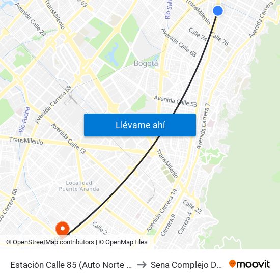 Estación Calle 85 (Auto Norte - Cl 85) to Sena Complejo Del Sur map