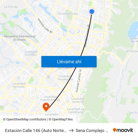 Estación Calle 146 (Auto Norte - Cl 148) to Sena Complejo Del Sur map
