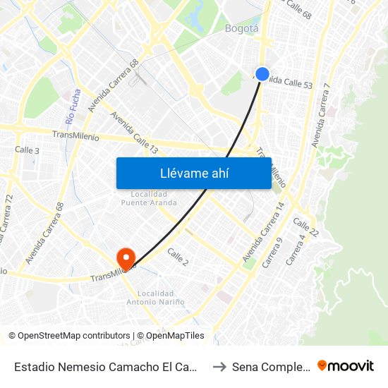 Estadio Nemesio Camacho El Campín (Av. NQS - Cl 53) to Sena Complejo Del Sur map