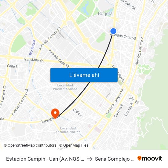 Estación Campín - Universidad Antonio Nariño (Av. NQS - Cl 53a Bis) to Sena Complejo Del Sur map