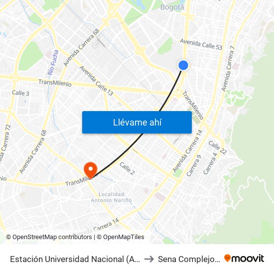 Estación Universidad Nacional (Av. NQS - Cl 45) to Sena Complejo Del Sur map